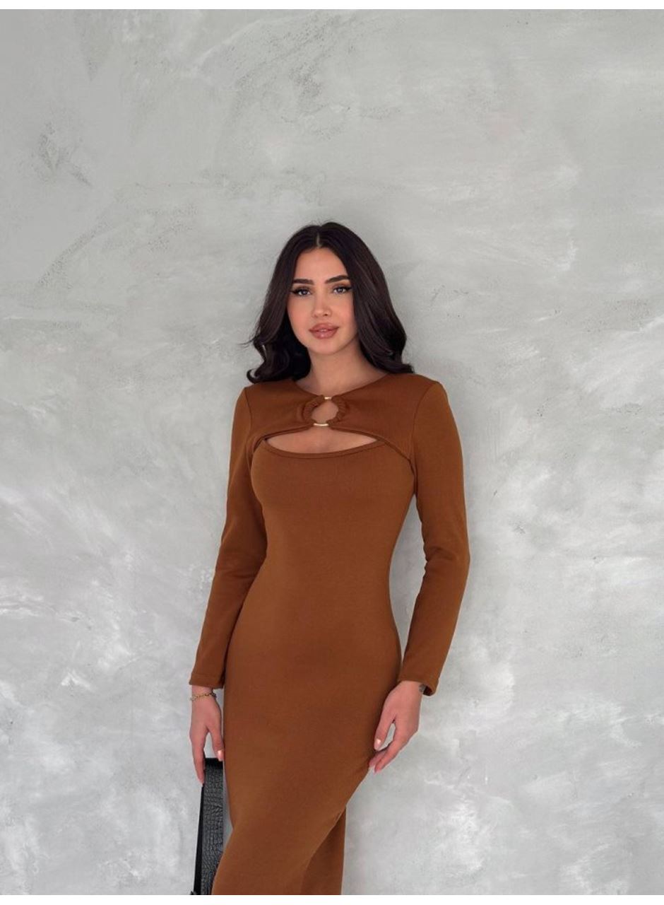 Kadın Uzun Kollu Halka Ve Pencere Dekolte Detay Fırsat ürün Midi Boy Elbise