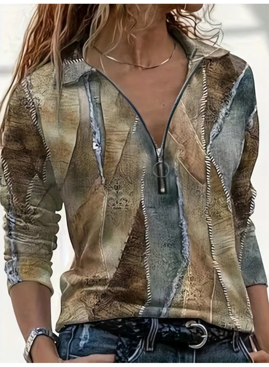 Kadın Uzun Kollu önden Fermuarlı Iki Iplik Bluz