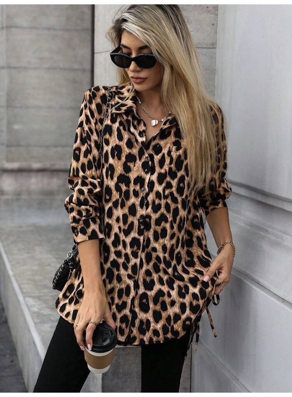 Kadın Uzun Kollu Yakalı önden Düğmeli Yandan Bağcıklı Leopar Desenli Modal Bluz