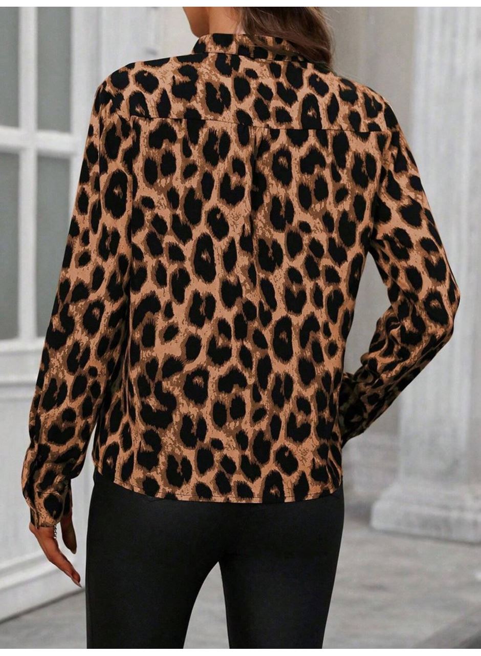 Kadın Uzun Kollu V Yakalı Leopar Desenli Modal Bluz