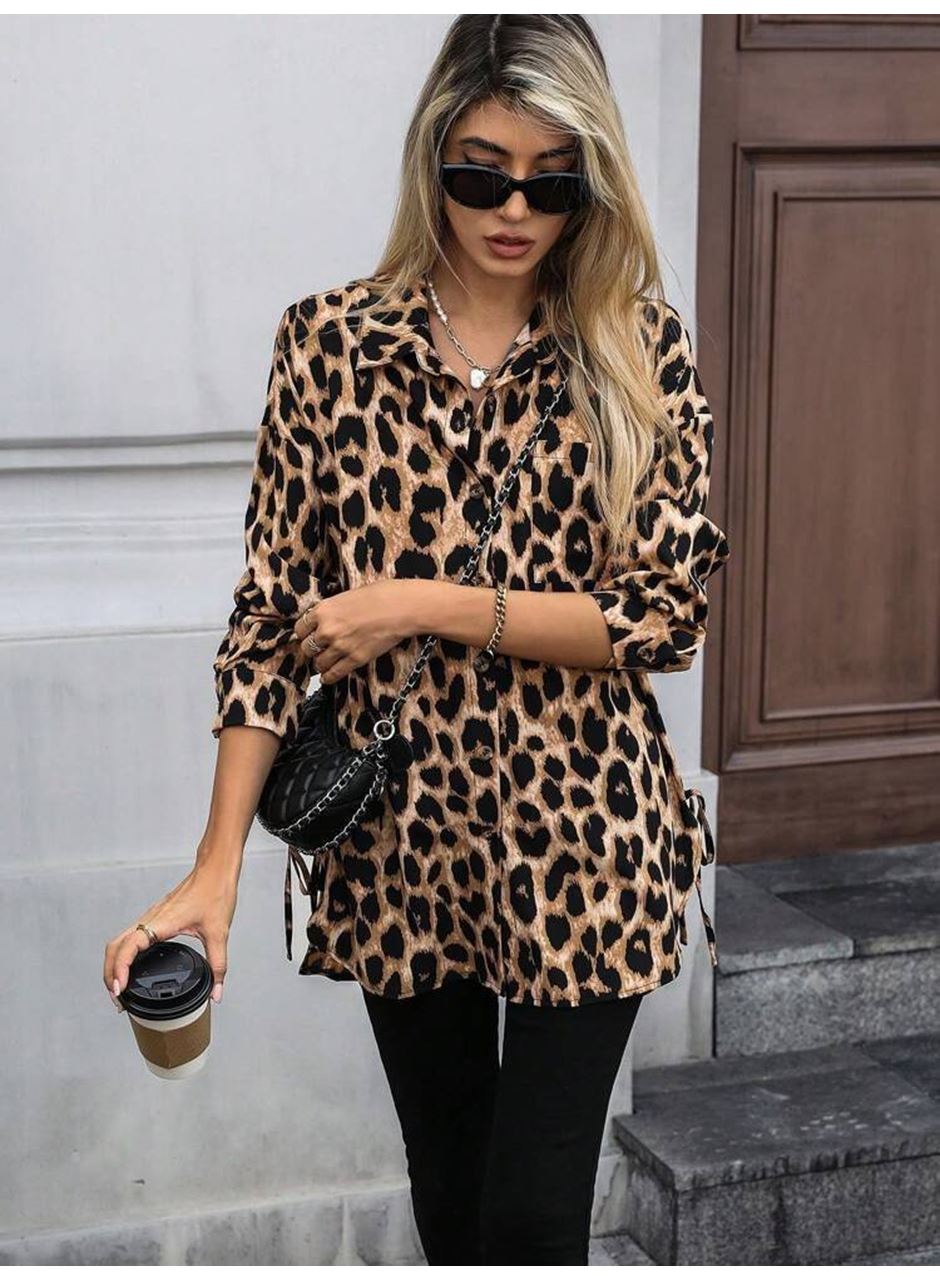 Kadın Uzun Kollu Yakalı önden Düğmeli Yandan Bağcıklı Leopar Desenli Modal Bluz