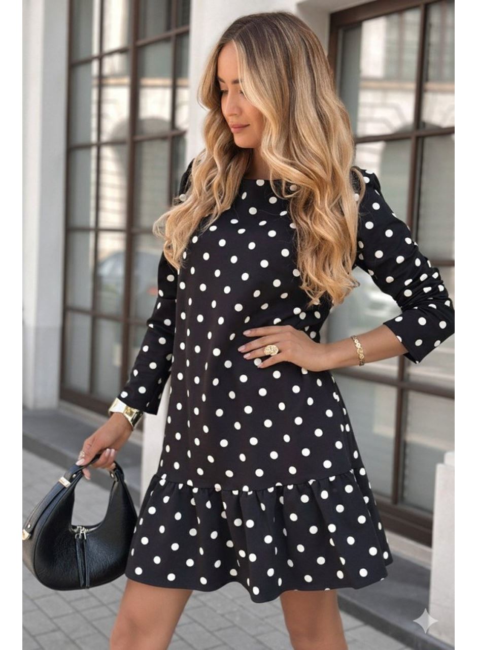 Kadın Uzun Kollu Bisiklet Yaka Fırfırlı Puantiyeli Kısa Modal Elbise