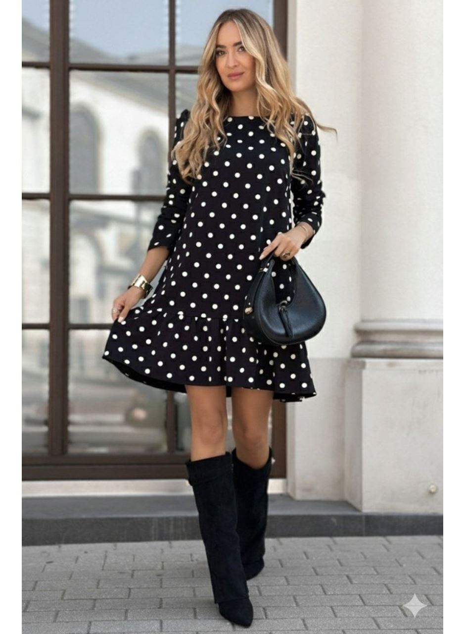 Kadın Uzun Kollu Bisiklet Yaka Fırfırlı Puantiyeli Kısa Modal Elbise