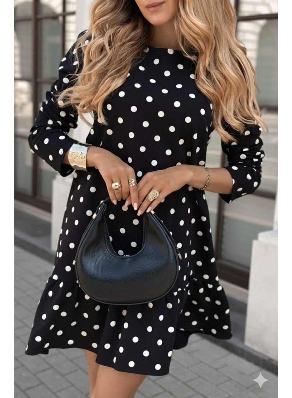 Kadın Uzun Kollu Bisiklet Yaka Fırfırlı Puantiyeli Kısa Modal Elbise