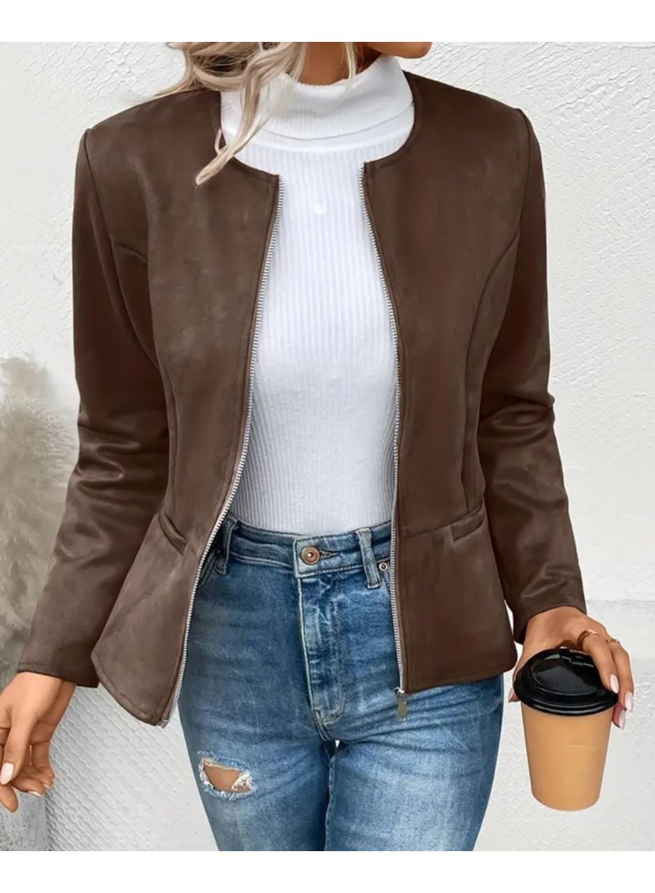 Kadın Uzun Kollu Yuvarlak Yaka önden Fermuarlı Süet Ceket