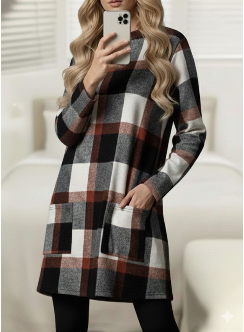 Kadın Uzun Kollu Yarı Balıkçı Yakalı Cep Detaylı Ekoseli Dokuma Tunik