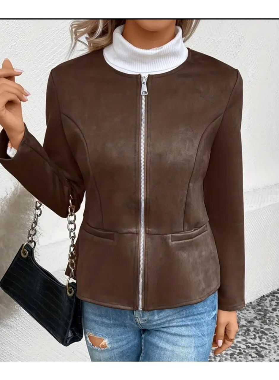 Kadın Uzun Kollu Yuvarlak Yaka önden Fermuarlı Süet Ceket