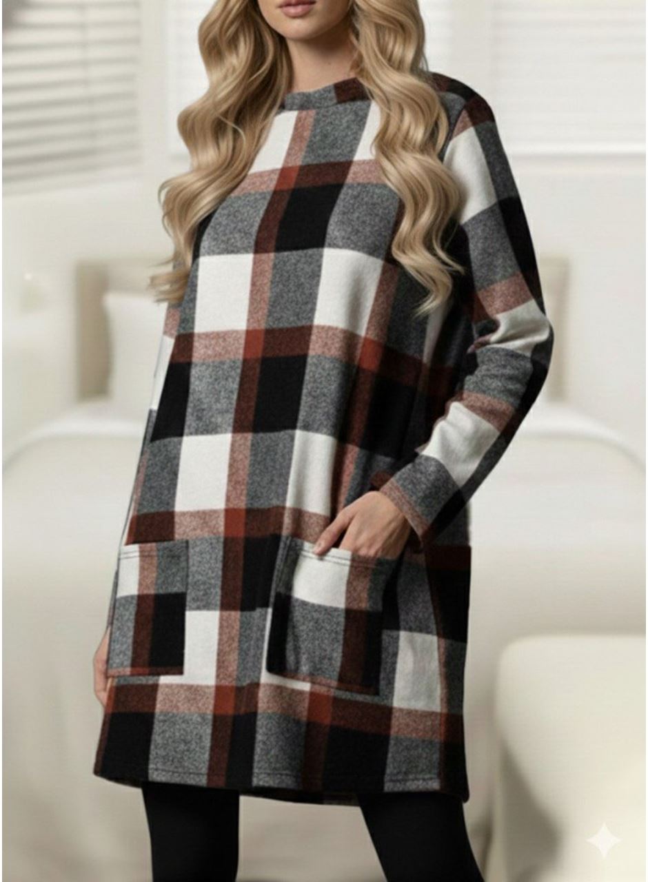 Kadın Uzun Kollu Yarı Balıkçı Yakalı Cep Detaylı Ekoseli Dokuma Tunik