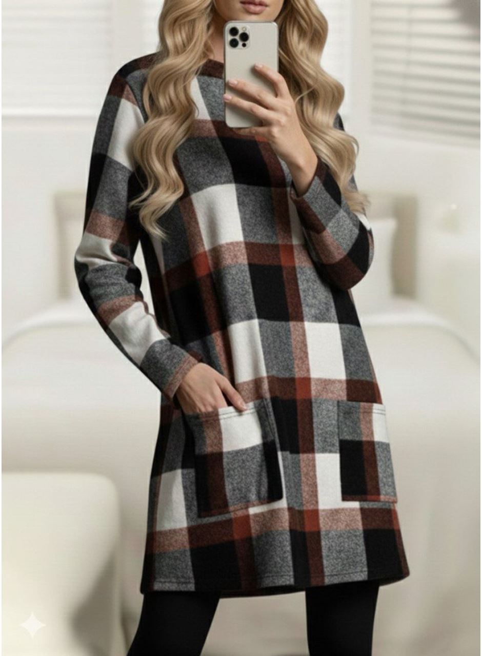 Kadın Uzun Kollu Yarı Balıkçı Yakalı Cep Detaylı Ekoseli Dokuma Tunik