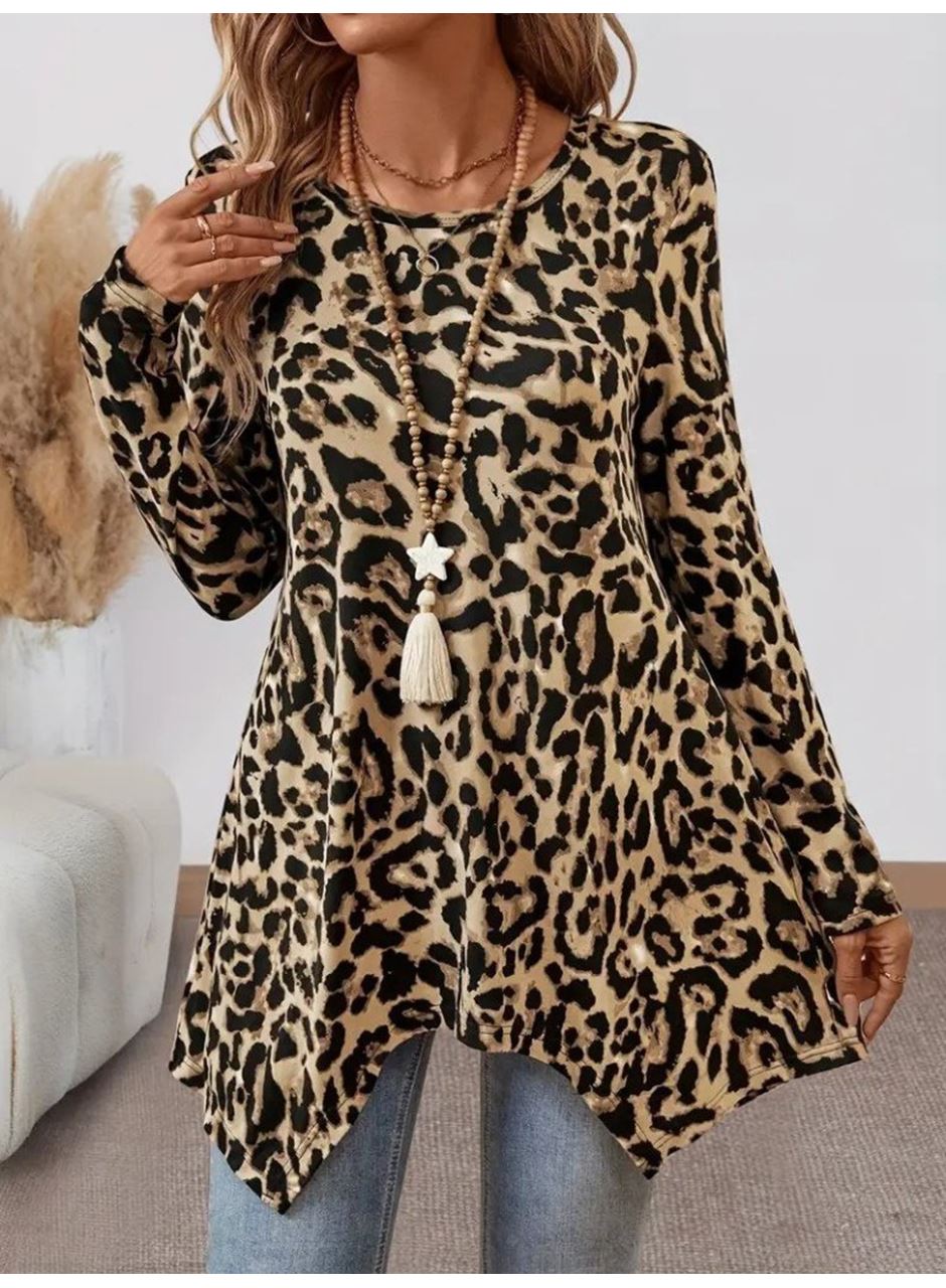 Kadın Uzun Kollu Bisiklet Yaka Leopar Desenli Süprem Bluz