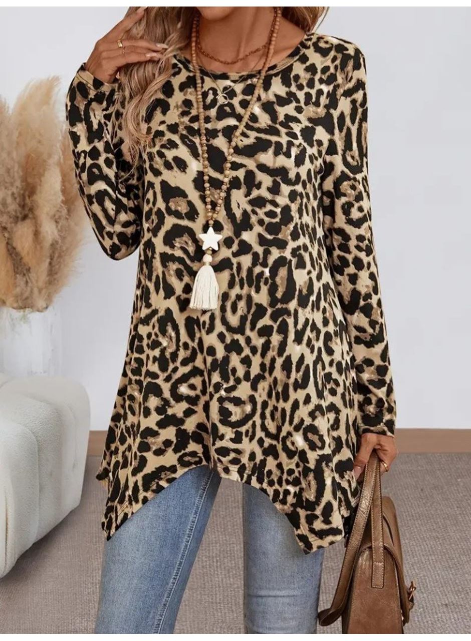 Kadın Uzun Kollu Bisiklet Yaka Leopar Desenli Süprem Bluz