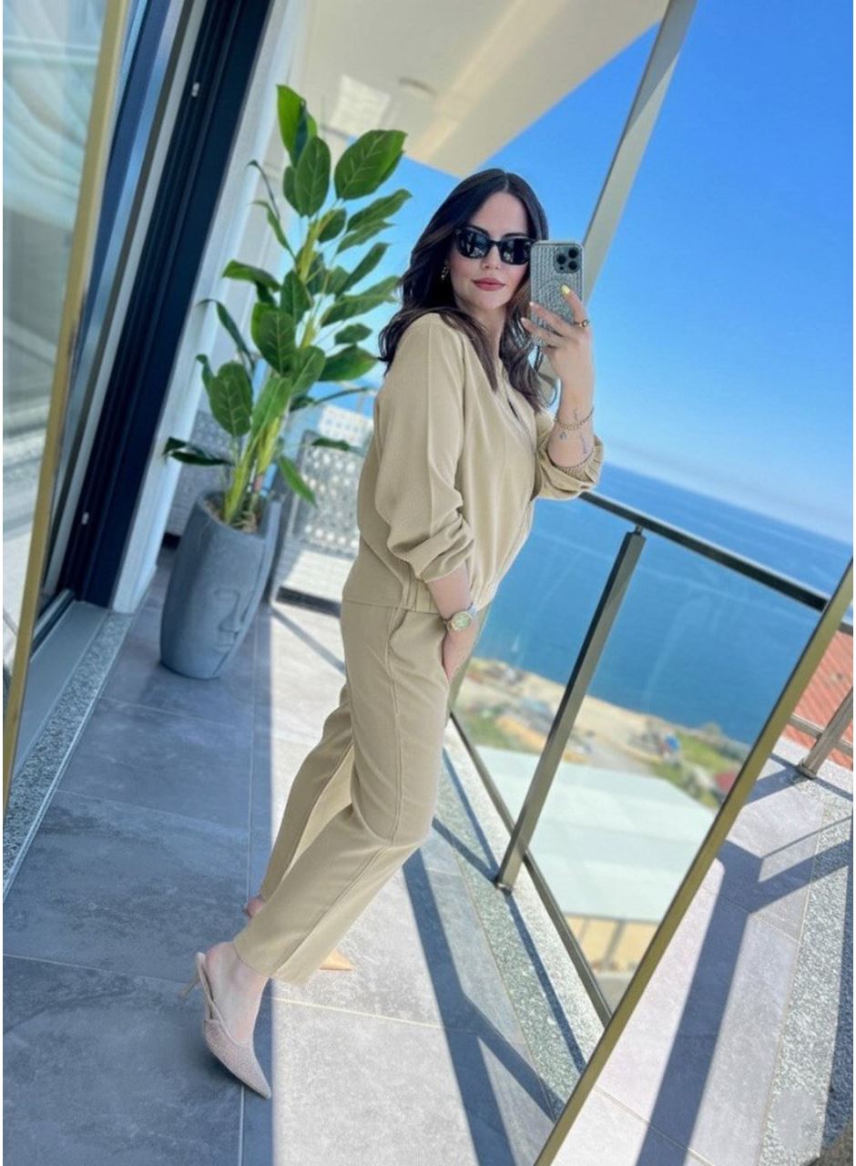 Kadın Uzun Kollu önden Fermuarlı Modal Ceket Ve Pantolon Ikili Takım