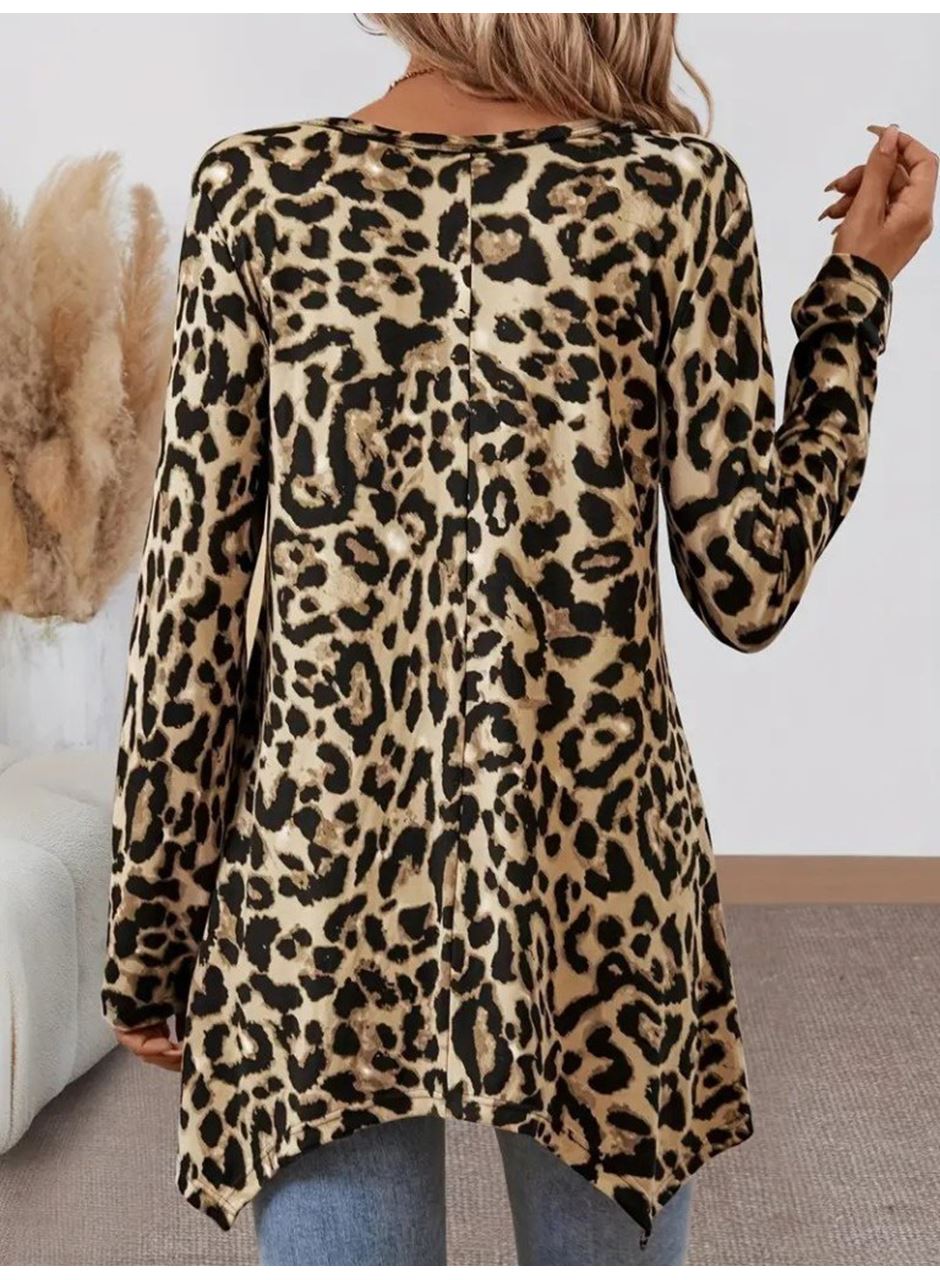 Kadın Uzun Kollu Bisiklet Yaka Leopar Desenli Süprem Bluz