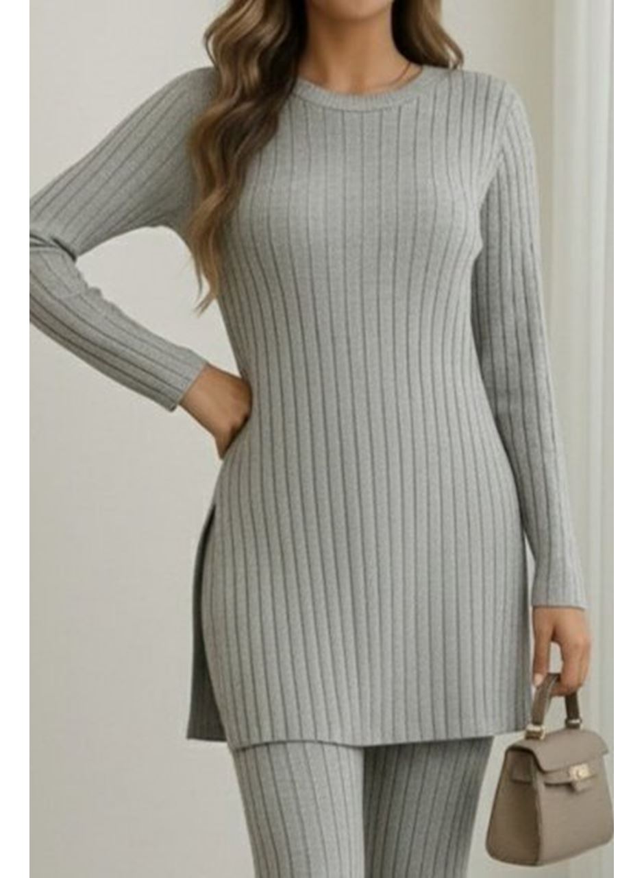 Kadın Uzun Kollu Yuvarlak Yaka Yandan Yırtmaç Detaylı şardonlu Kaşkorse Bluz Ve Pantolon Ikili Takım