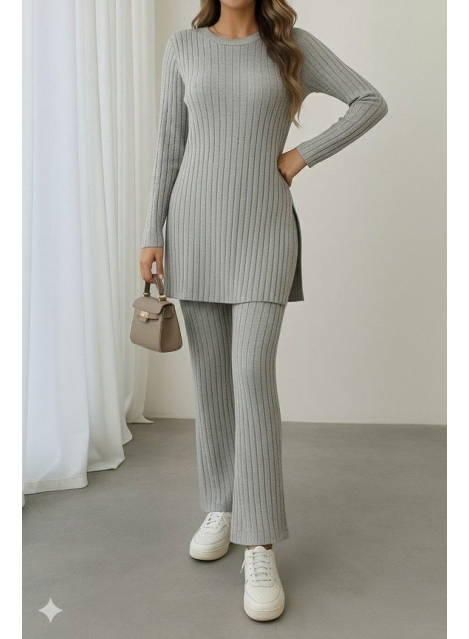 Kadın Uzun Kollu Yuvarlak Yaka Yandan Yırtmaç Detaylı şardonlu Kaşkorse Bluz Ve Pantolon Ikili Takım