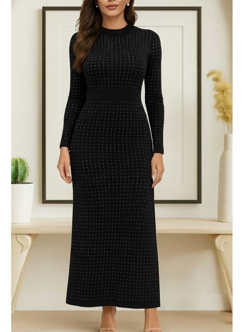 Kadın Uzun Kollu Bisiklet Yaka Taşlı Midi Kadife Elbise