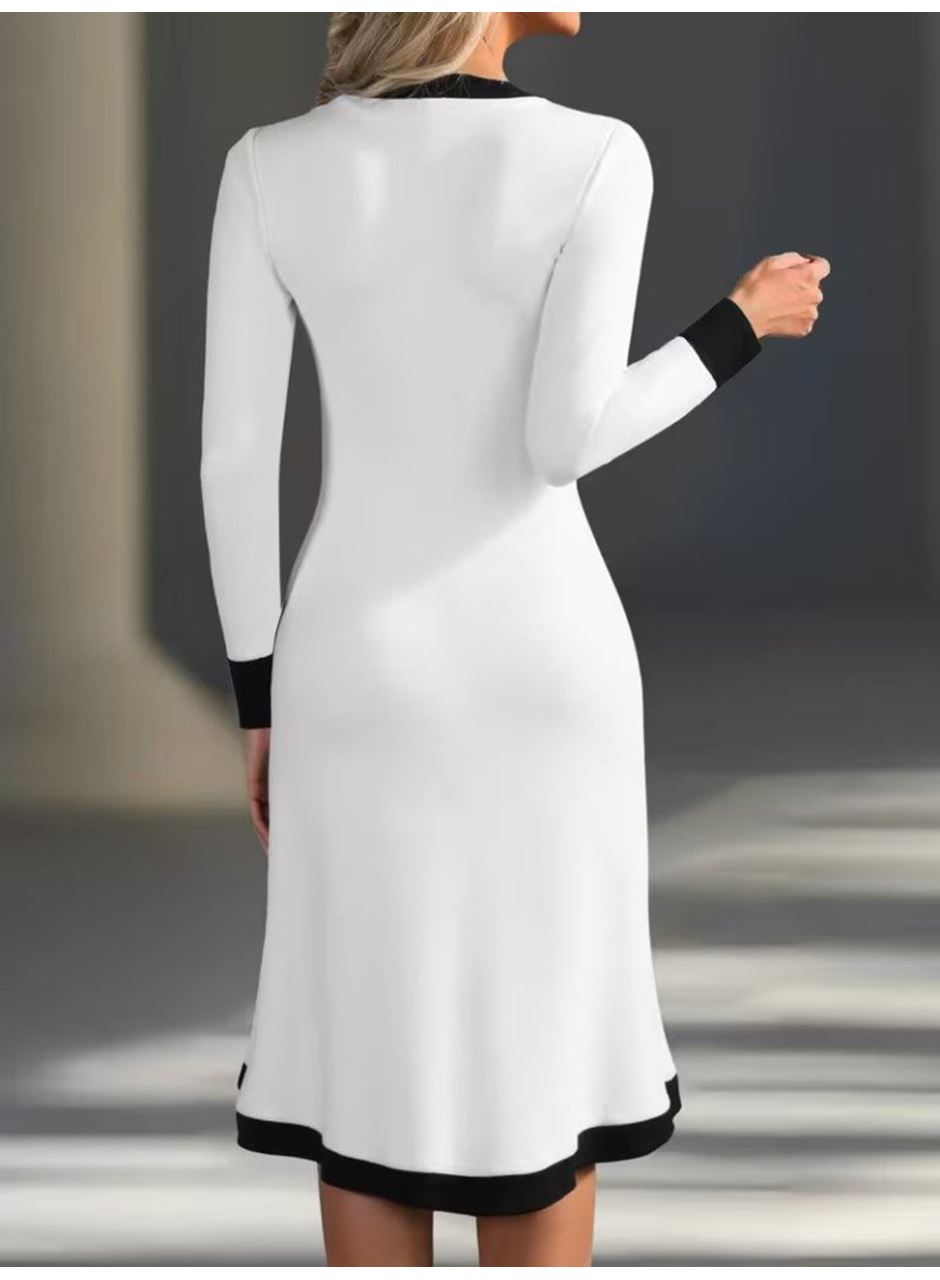 Kadın Uzun Kollu V Yakalı Düğmeli Midi Modal Elbise