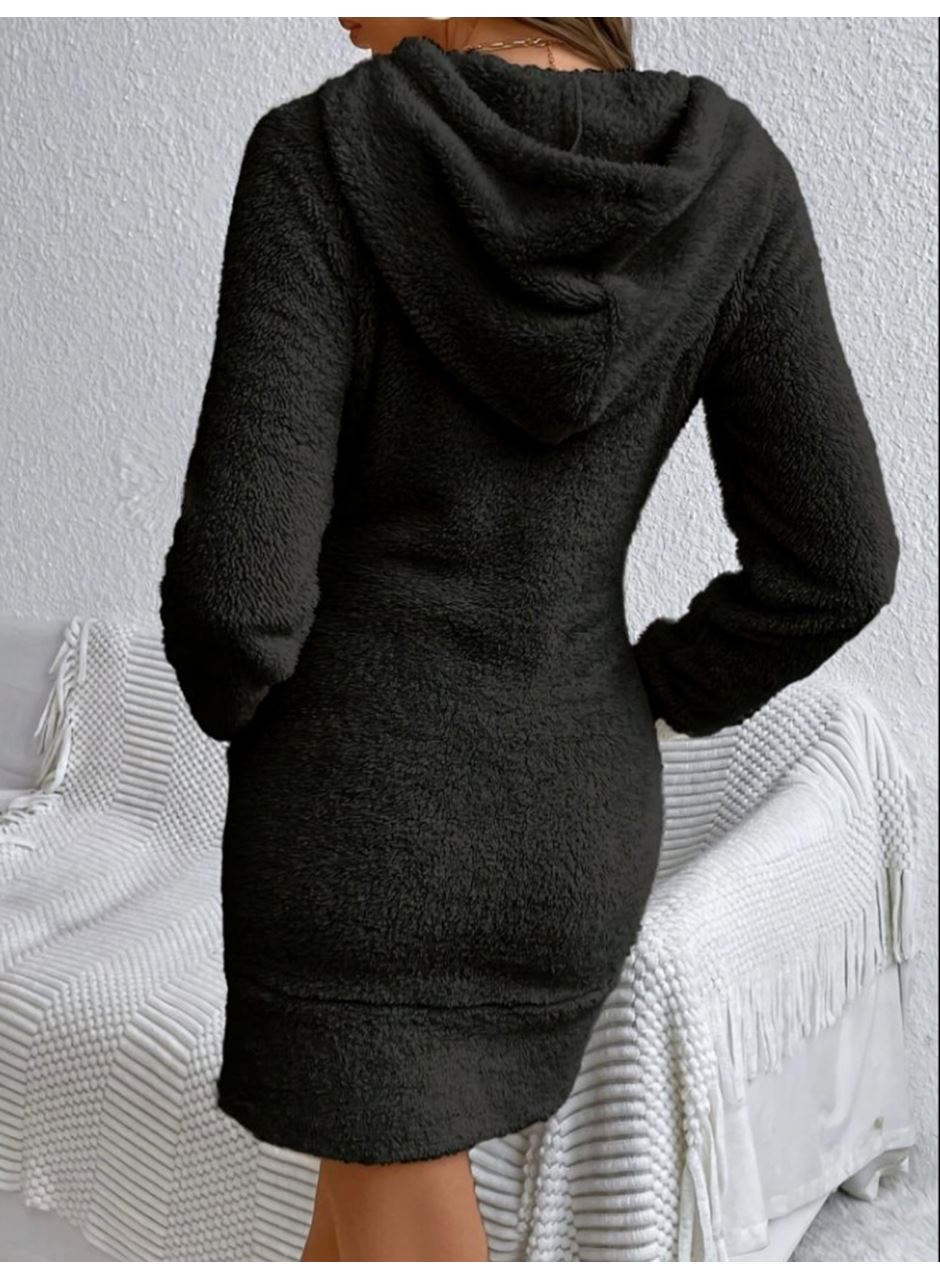 Kadın Uzun Kollu Kapşonlu Cepli Mini Peluş Elbise