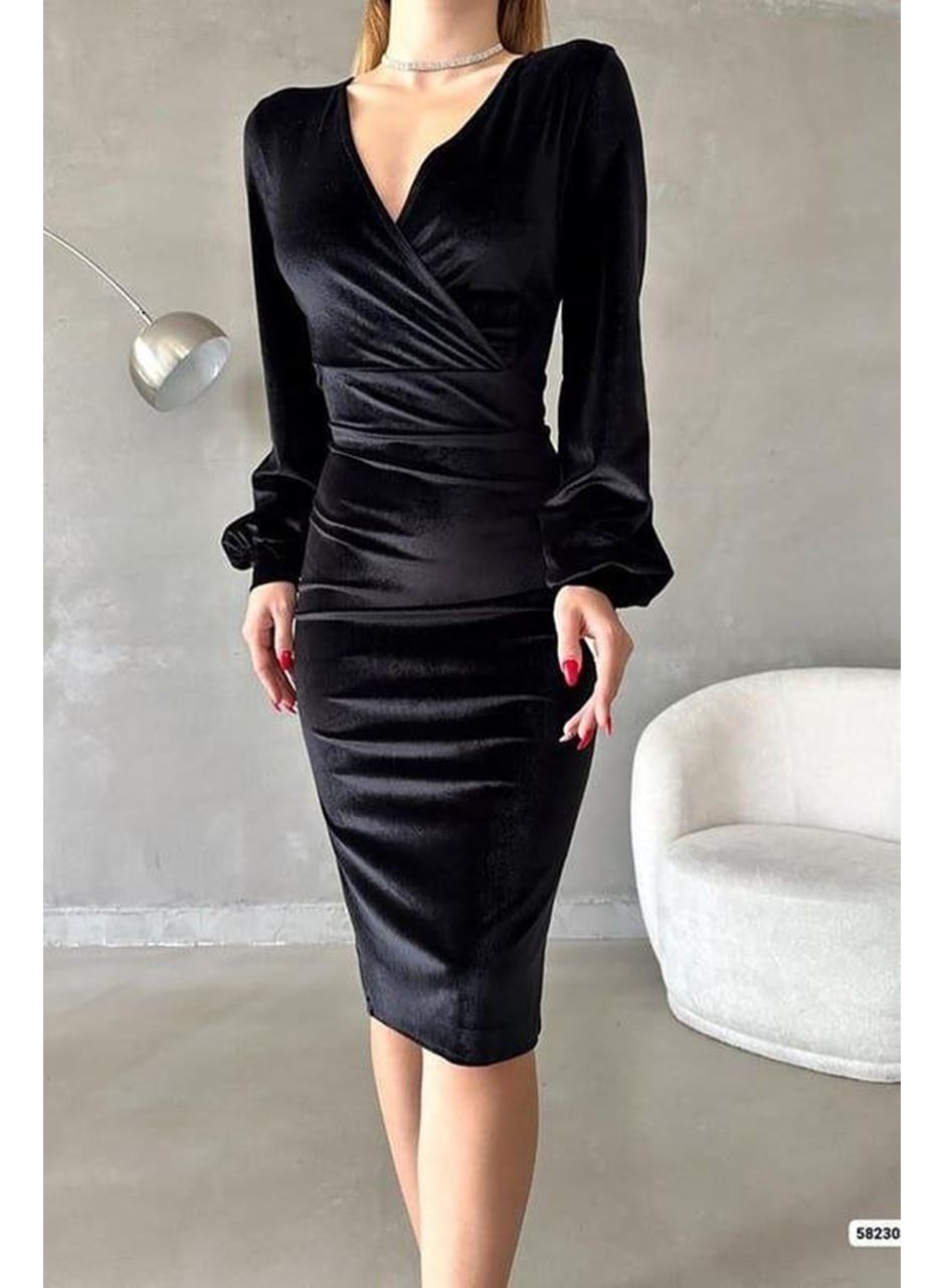 Kadın Kadife Kumaş Kruvaze Yaka Balon Kol Ve Yırtmaç Detaylı Midi Boy Elbise