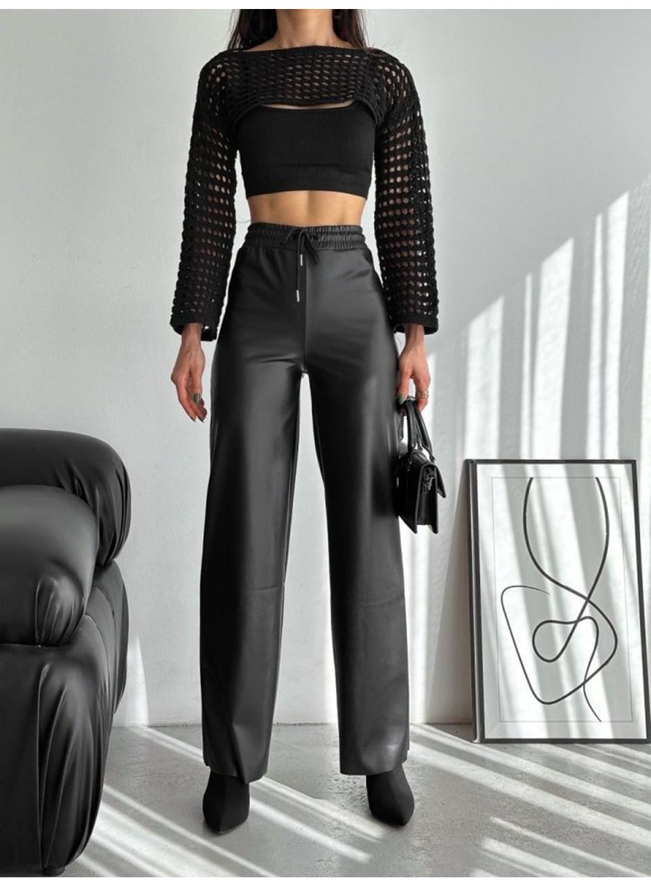 Yüksek Bel Geniş Paça Içi şardonlu Deri Pantolon.