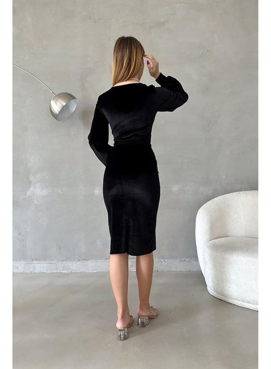 Kadın Kadife Kumaş Kruvaze Yaka Balon Kol Ve Yırtmaç Detaylı Midi Boy Elbise