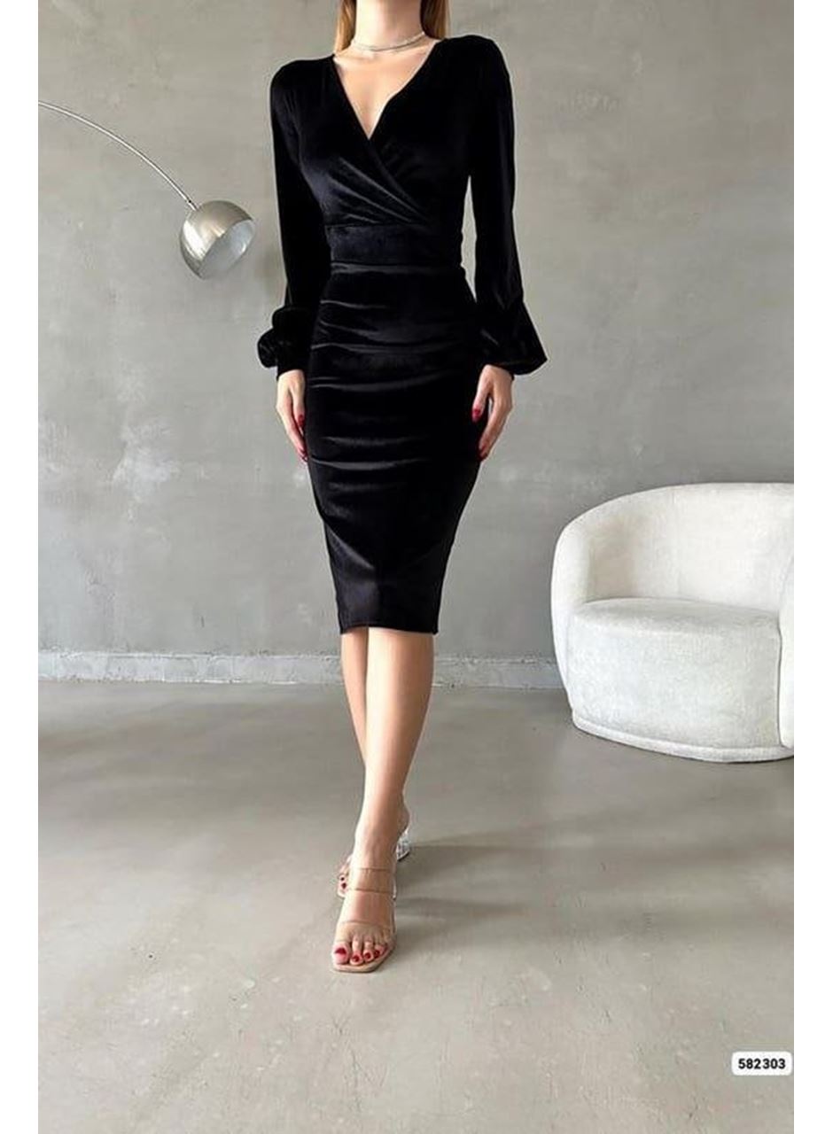 Kadın Kadife Kumaş Kruvaze Yaka Balon Kol Ve Yırtmaç Detaylı Midi Boy Elbise