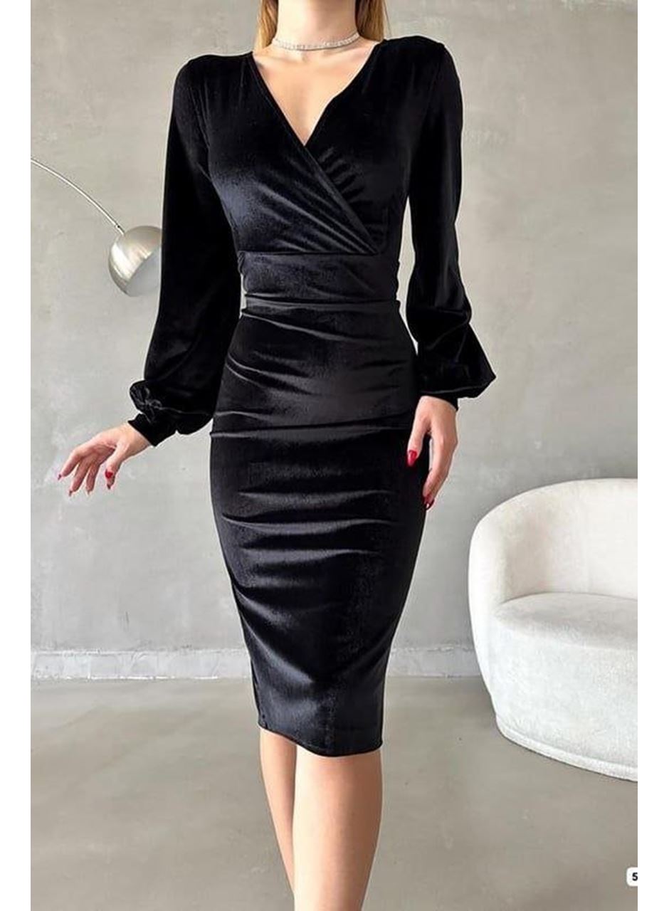 Kadın Kadife Kumaş Kruvaze Yaka Balon Kol Ve Yırtmaç Detaylı Midi Boy Elbise