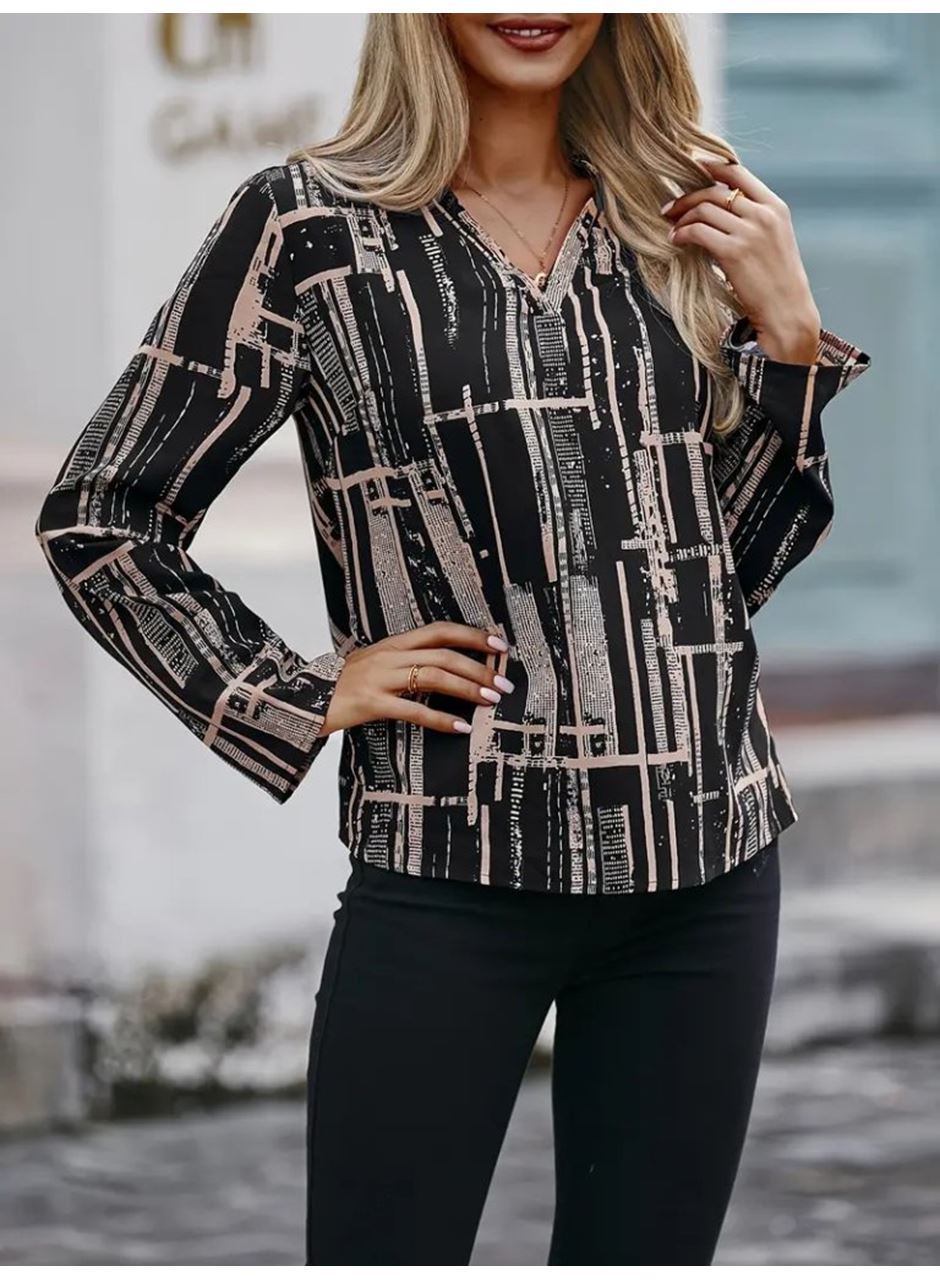 Kadın Uzun Kollu V Yakalı Desenli Dalgıç Bluz
