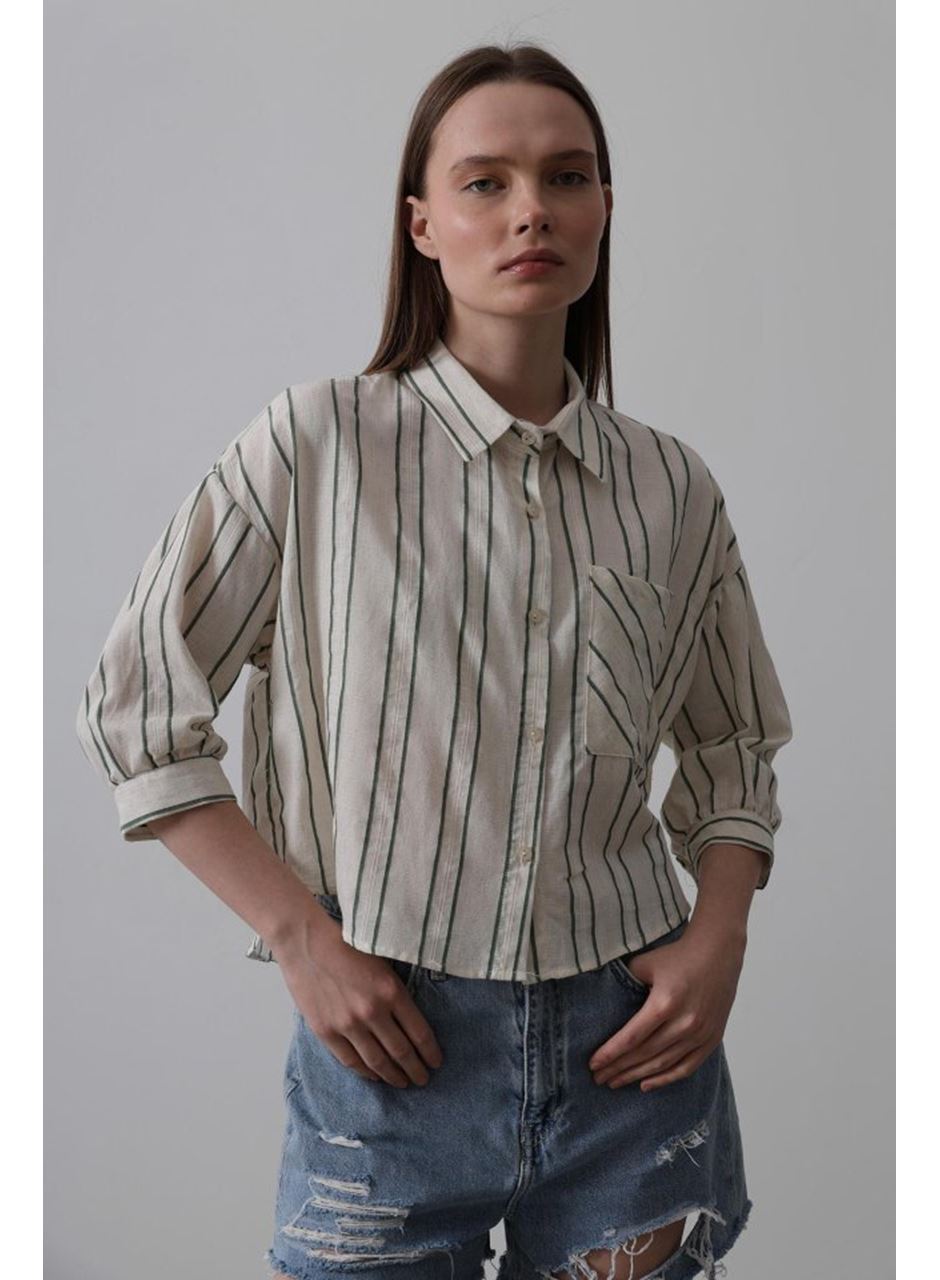 Çizgili Kısa Gömlek - Bej-Yeşil