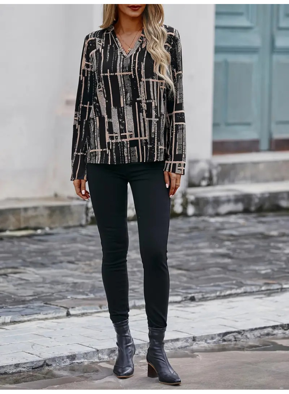 Kadın Uzun Kollu V Yakalı Desenli Dalgıç Bluz