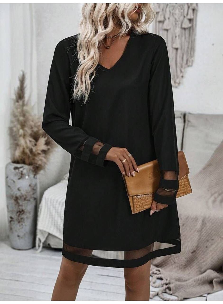 Kadın Uzun Kollu V Yakalı Tül şerit Detaylı Mini Krep Elbise