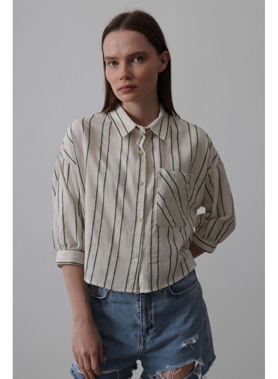 Çizgili Kısa Gömlek - Bej-Yeşil