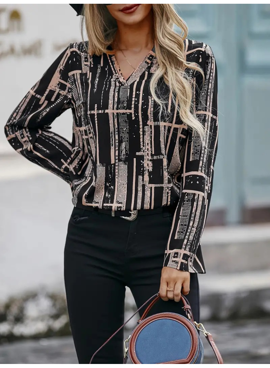 Kadın Uzun Kollu V Yakalı Desenli Dalgıç Bluz