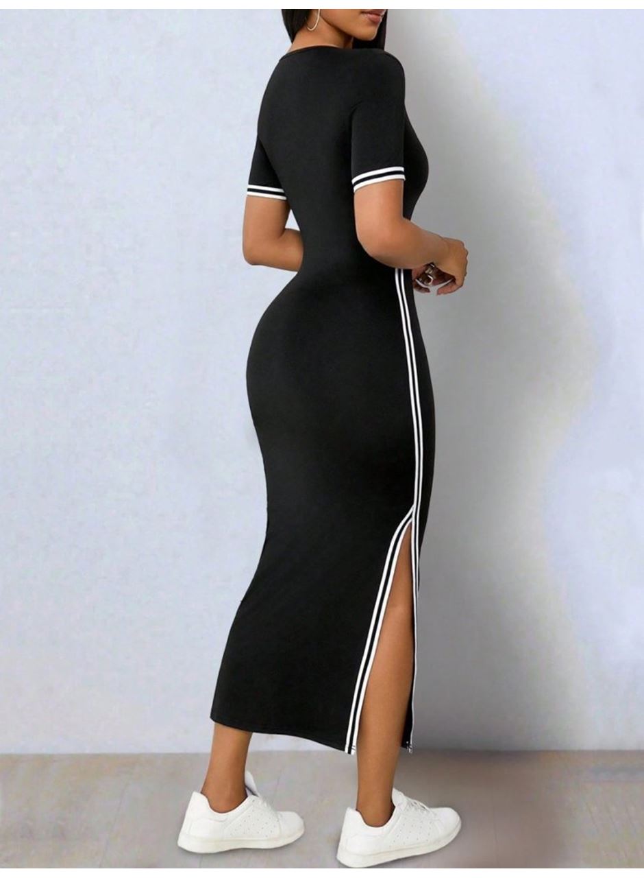 Kadın Kısa Kollu V Yakalı Yandan Yırtmaçlı Viskon Iki Iplik Elbise