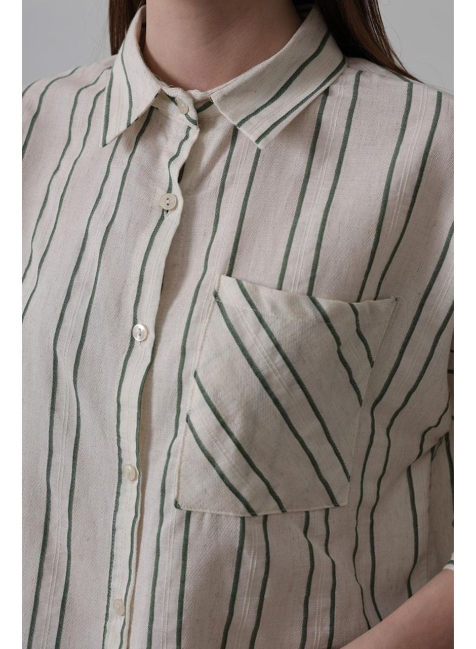 Çizgili Kısa Gömlek - Bej-Yeşil