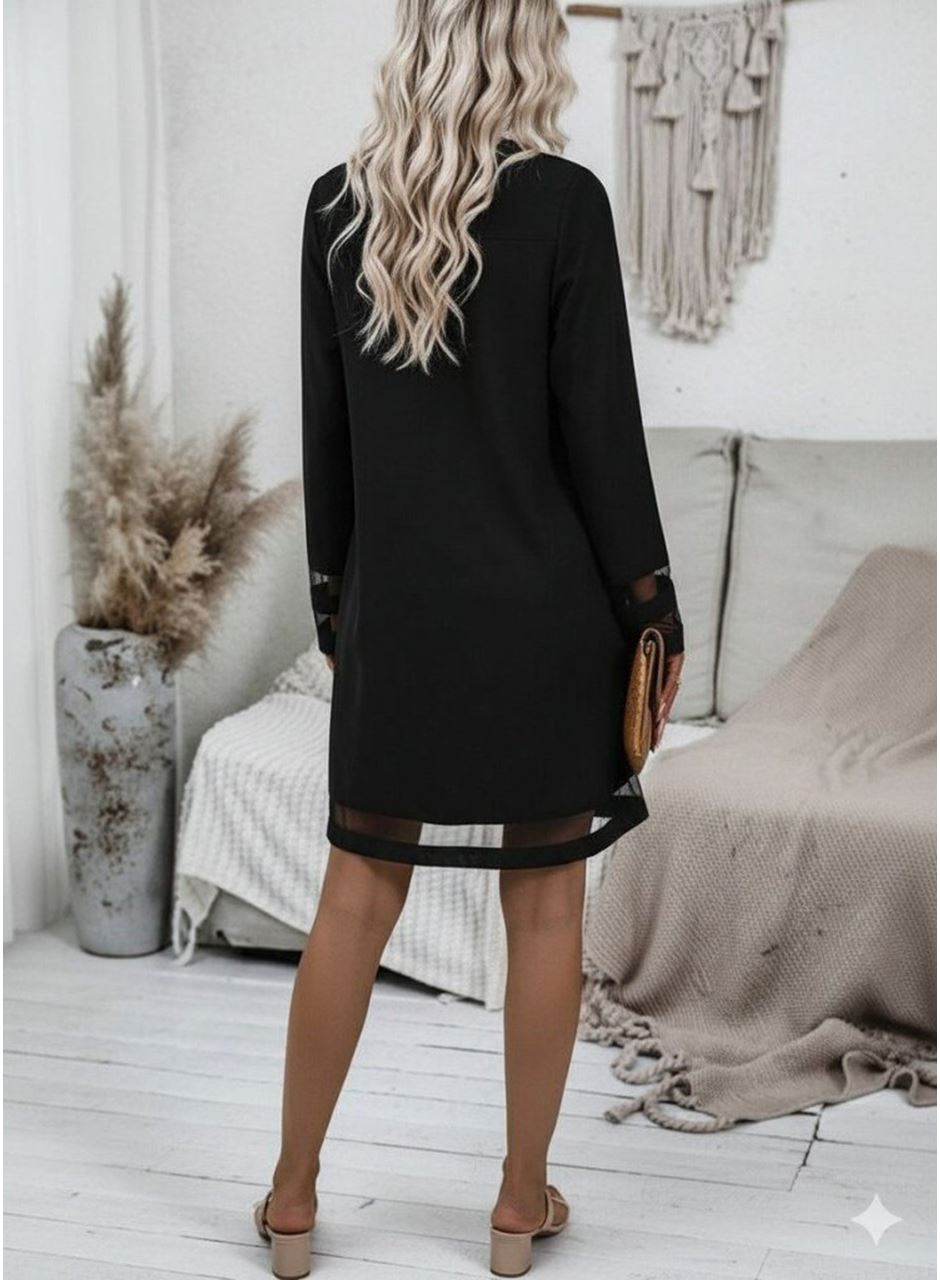 Kadın Uzun Kollu V Yakalı Tül şerit Detaylı Mini Krep Elbise