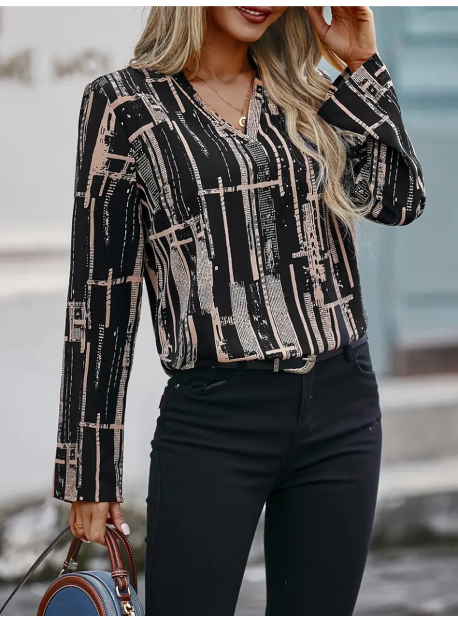 Kadın Uzun Kollu V Yakalı Desenli Dalgıç Bluz