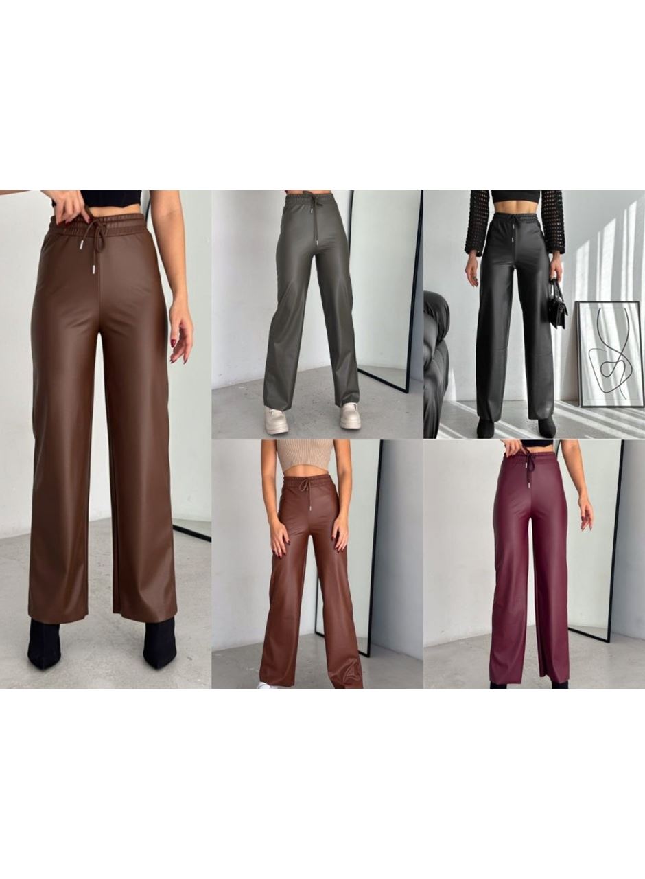 Yüksek Bel Geniş Paça Içi şardonlu Deri Pantolon.
