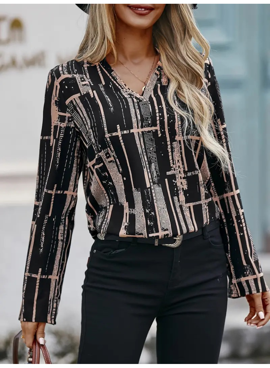 Kadın Uzun Kollu V Yakalı Desenli Dalgıç Bluz