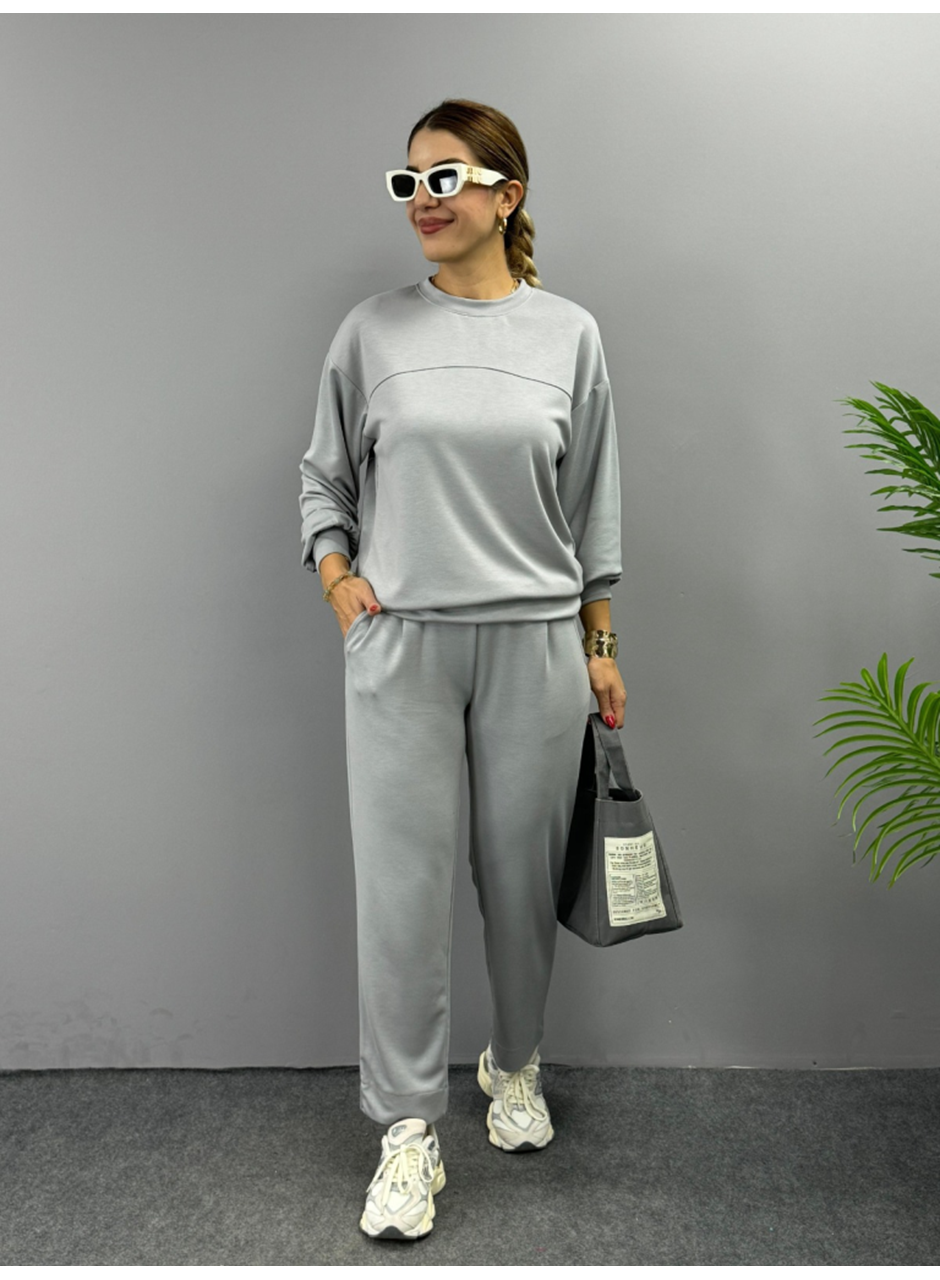 Kadın Uzun Kollu Bisiklet Yaka Viskon Iki Iplik Bluz Ve Pantolon Ikili Takım