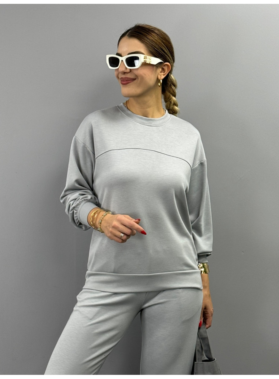 Kadın Uzun Kollu Bisiklet Yaka Viskon Iki Iplik Bluz Ve Pantolon Ikili Takım