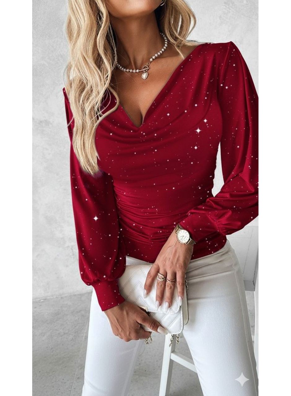 Kadın Uzun Kollu Degaje Yaka Taşlı Sandy Bluz