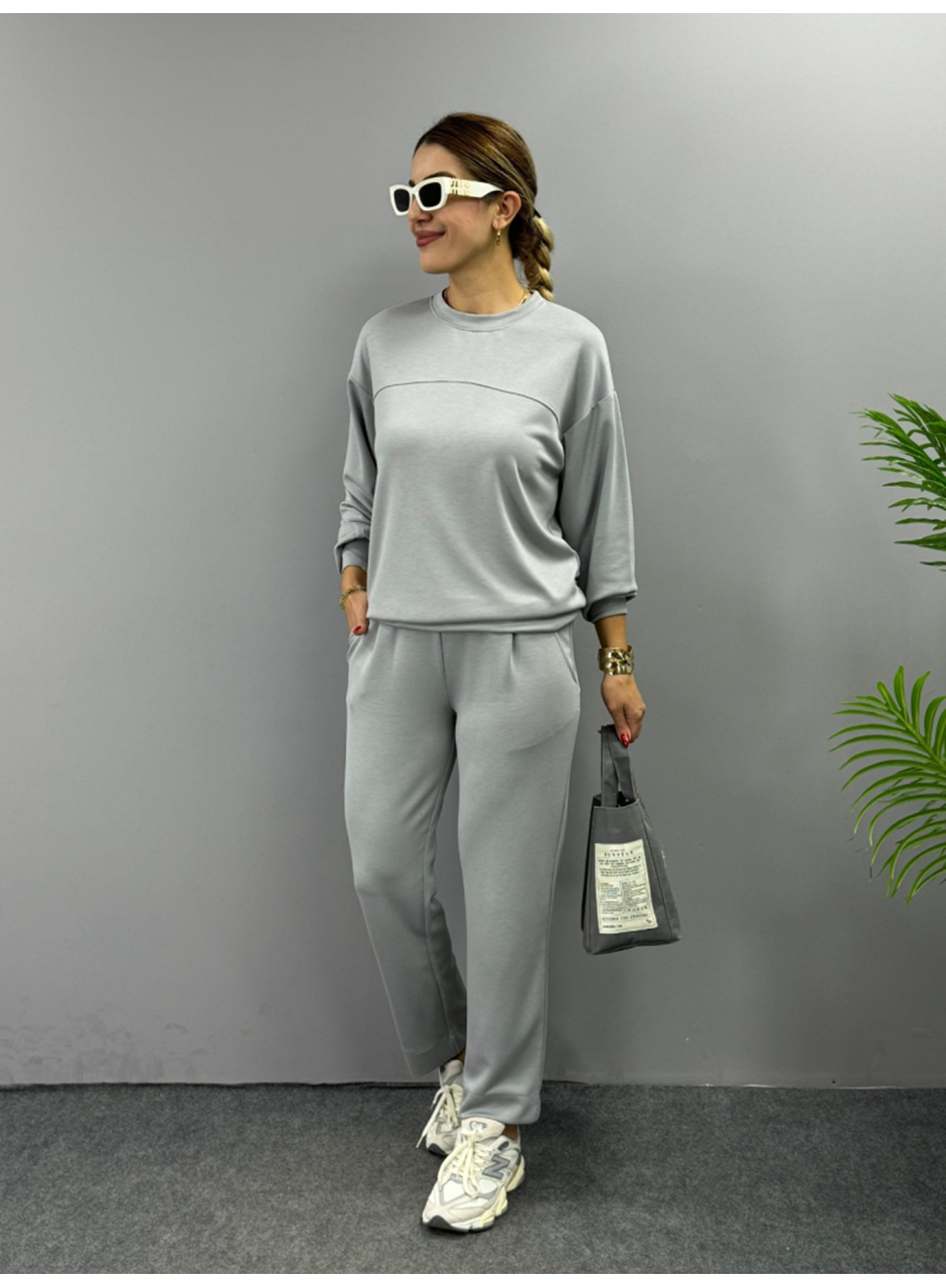 Kadın Uzun Kollu Bisiklet Yaka Viskon Iki Iplik Bluz Ve Pantolon Ikili Takım