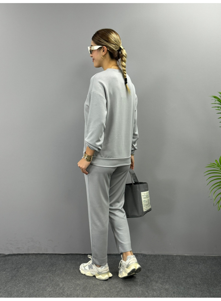 Kadın Uzun Kollu Bisiklet Yaka Viskon Iki Iplik Bluz Ve Pantolon Ikili Takım