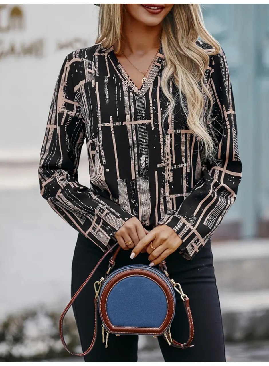 Kadın Uzun Kollu V Yakalı Desenli Dalgıç Bluz