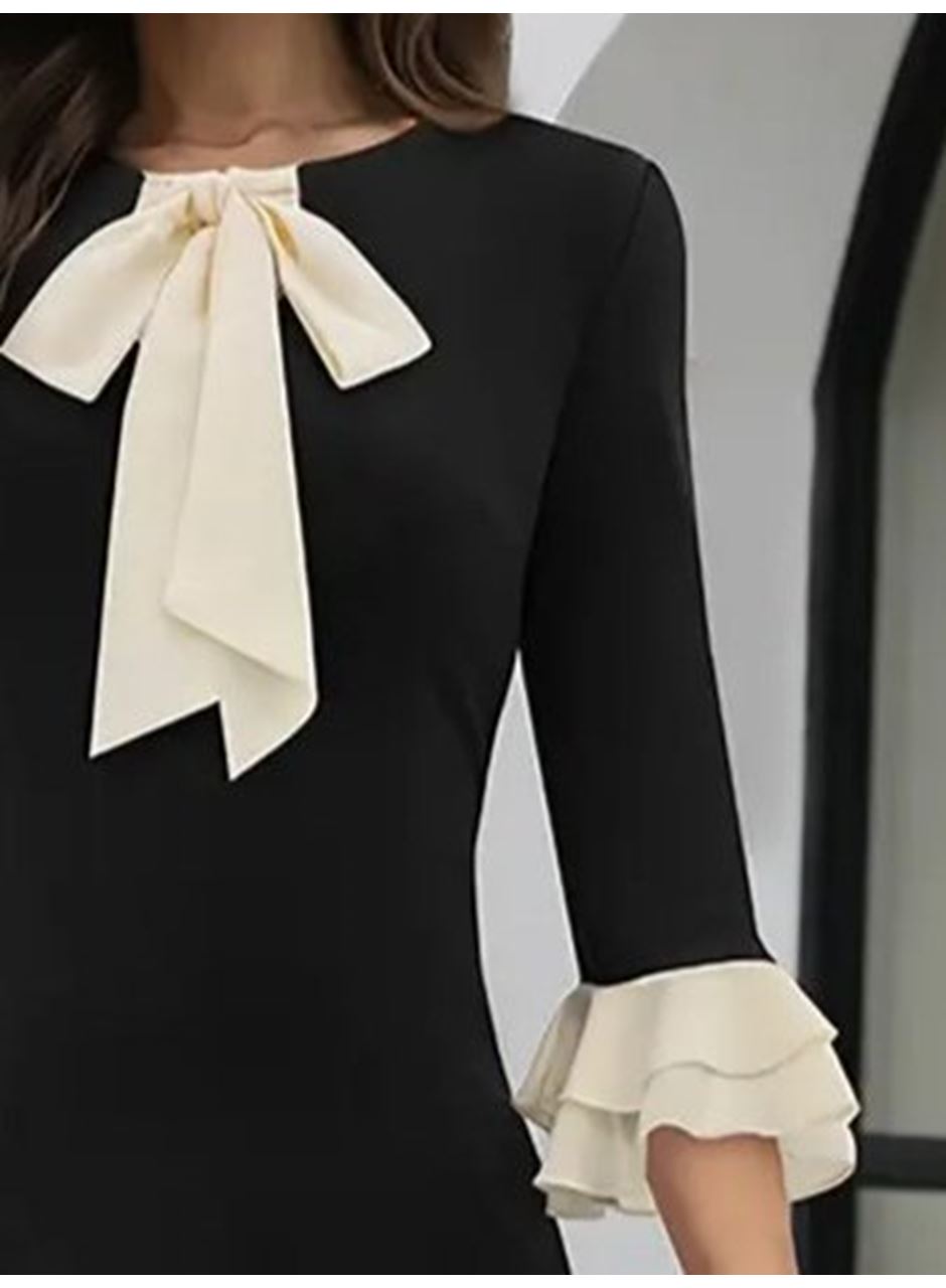 Kadın Truvakar Kollu Fiyonk Yakalı Midi Ithal Krep Elbise