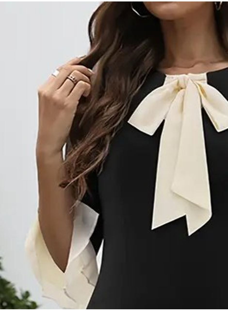 Kadın Truvakar Kollu Fiyonk Yakalı Midi Ithal Krep Elbise