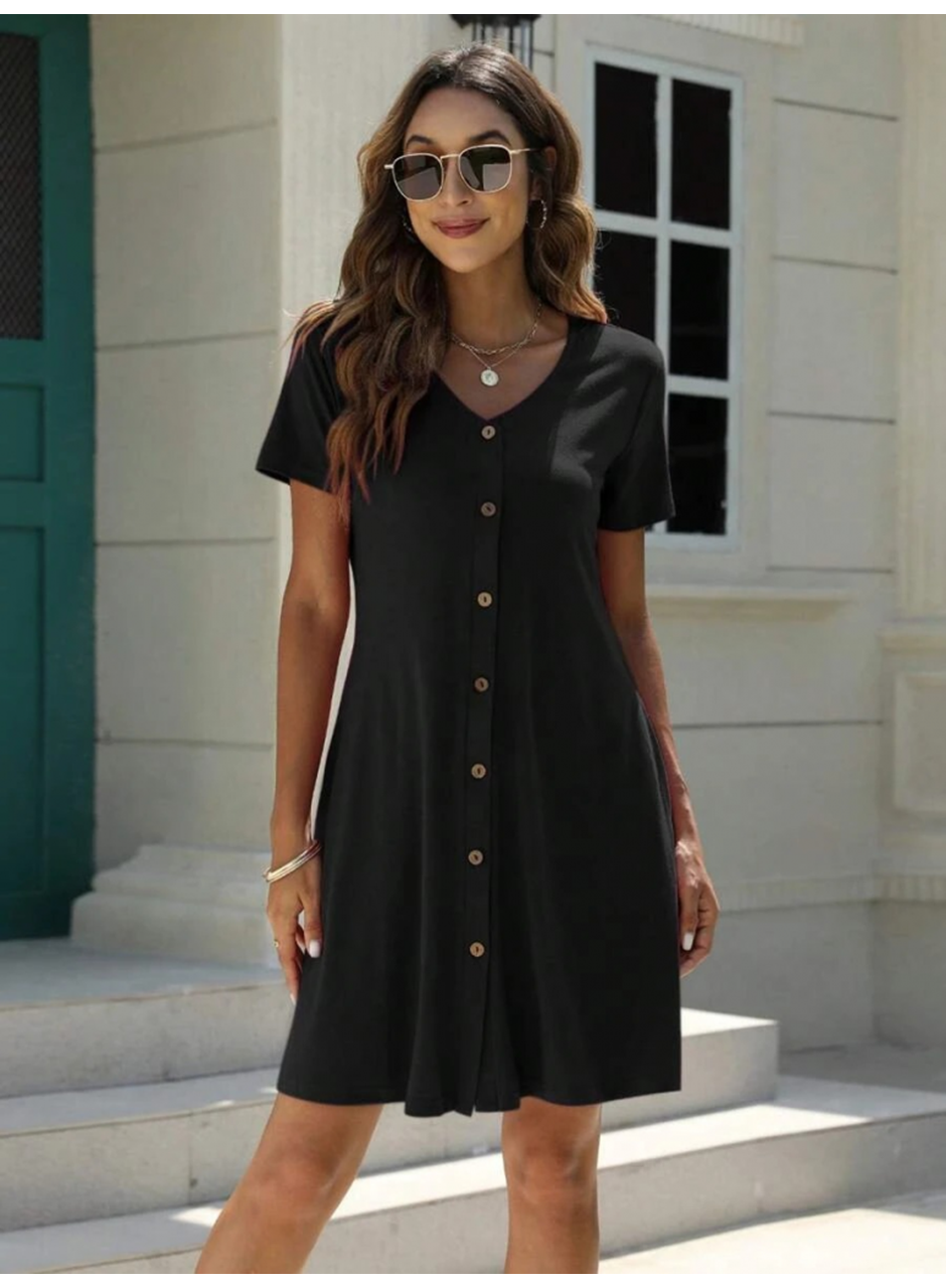 Kadın Kısa Kollu V Yaka önü Düğmeli Viskon Elbise