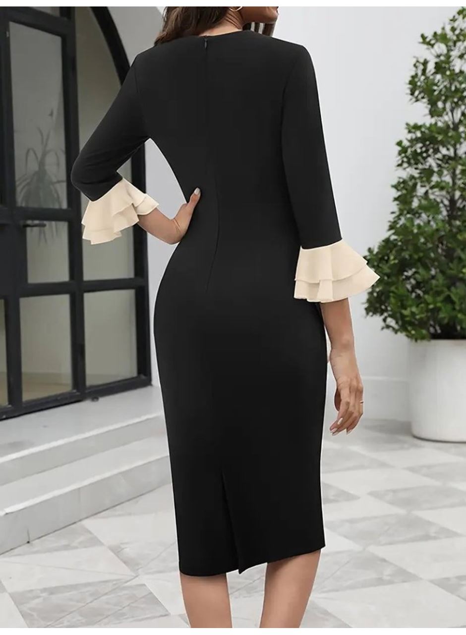 Kadın Truvakar Kollu Fiyonk Yakalı Midi Ithal Krep Elbise