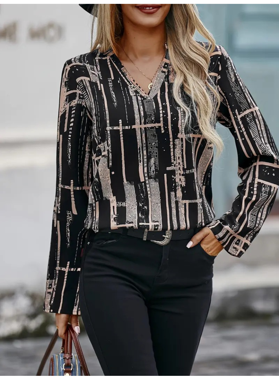 Kadın Uzun Kollu V Yakalı Desenli Dalgıç Bluz